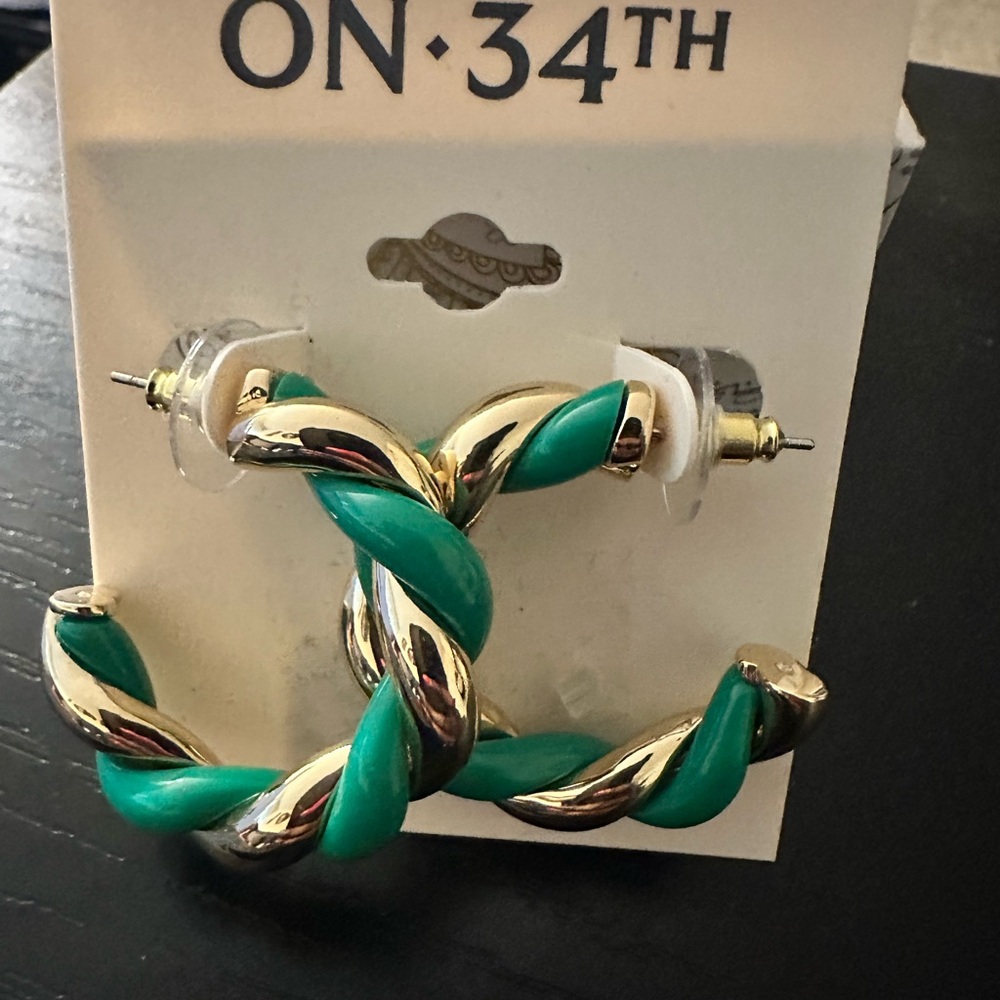 Green and Gold Twisted Hoop Earrings